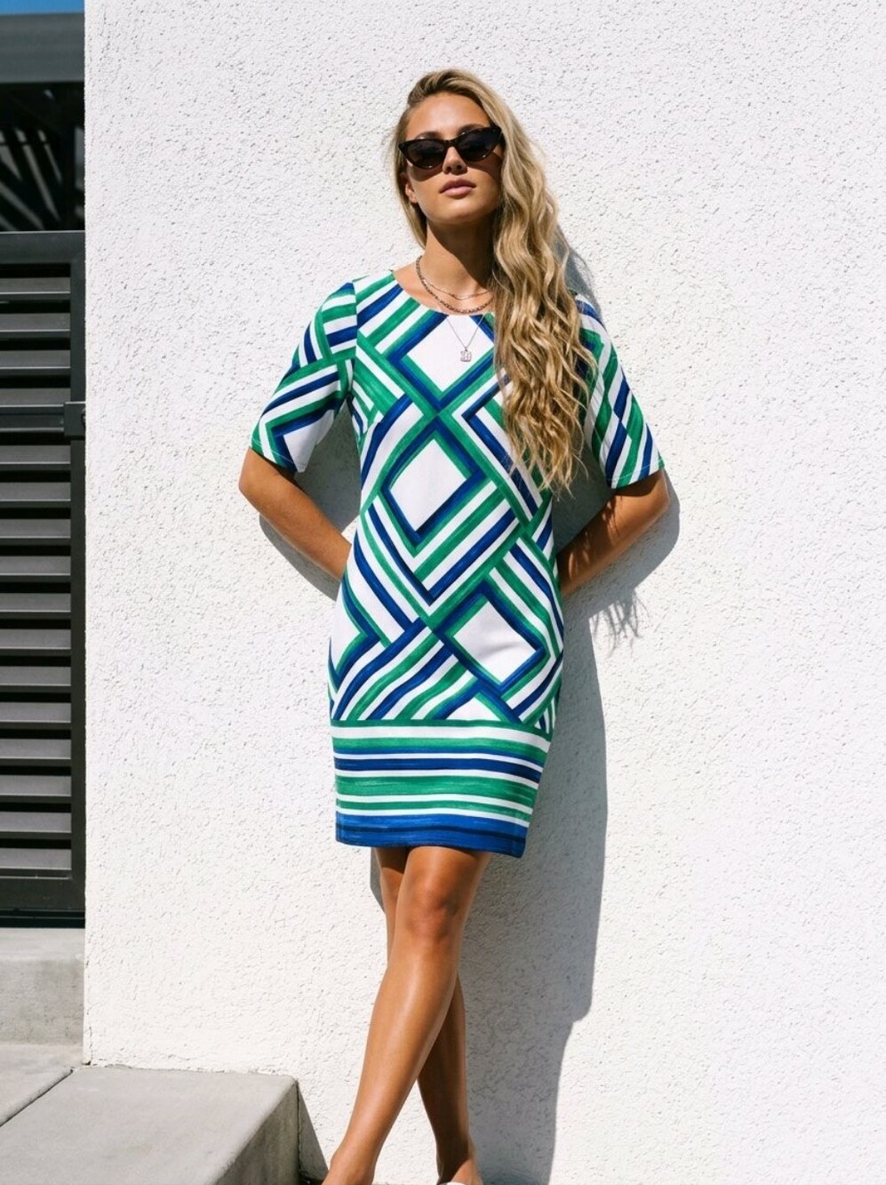 ELIZA J EUC Geometric Stripe Shift Dress in Blue, White & Green For Summer!